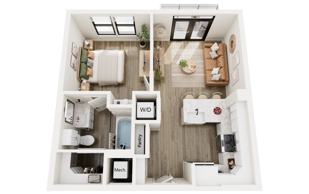 A1 - 1 bedroom floorplan layout with 1 bathroom and 568 square feet