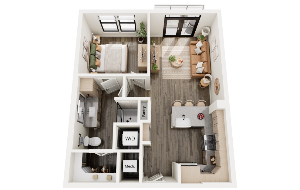 A2 - 1 bedroom floorplan layout with 1 bath and 633 square feet.