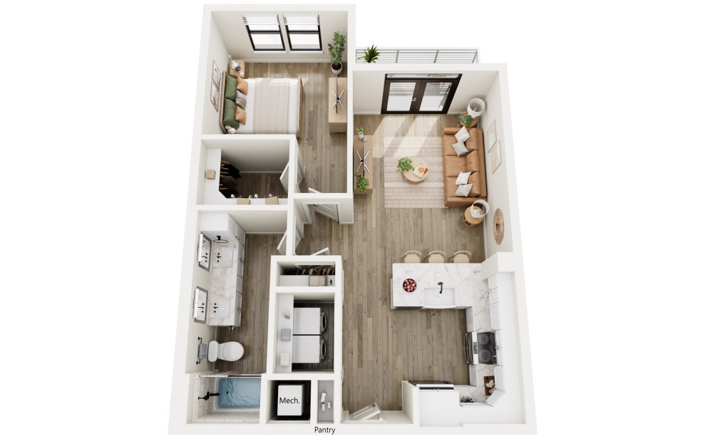 A3 - 1 bedroom floorplan layout with 1 bath and 726 square feet.