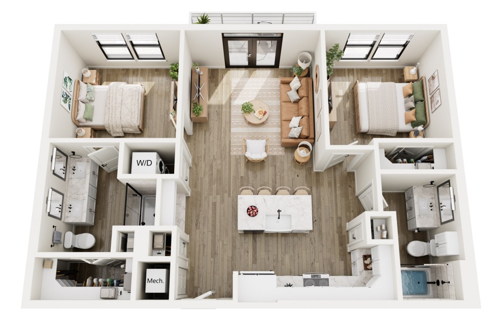 B1 - 2 bedroom floorplan layout with 2 baths and 962 to 1211 square feet.