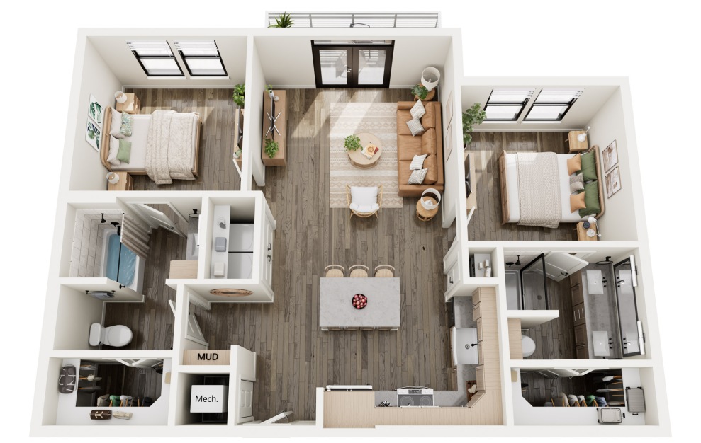 B2 - 2 bedroom floorplan layout with 2 baths and 1002 square feet.