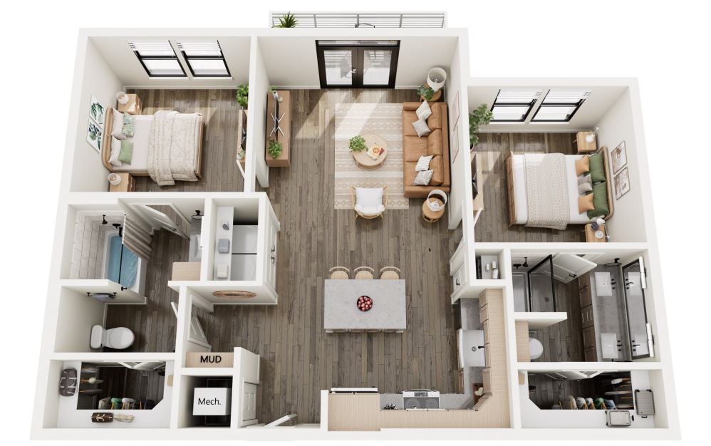 B2 - 2 bedroom floorplan layout with 2 bathrooms and 1002 square feet