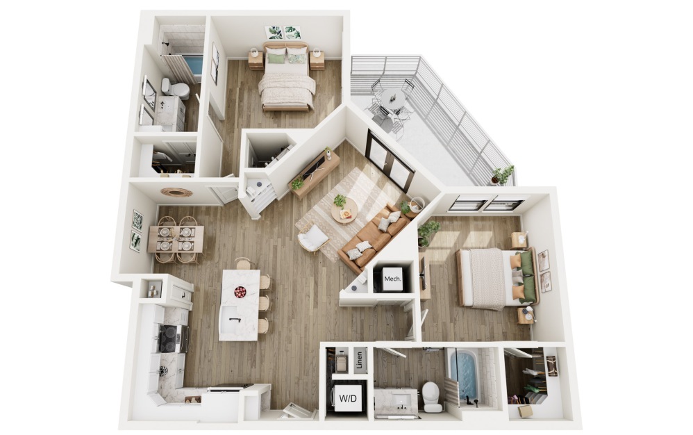 B3 - 2 bedroom floorplan layout with 2 bathrooms and 1133 square feet