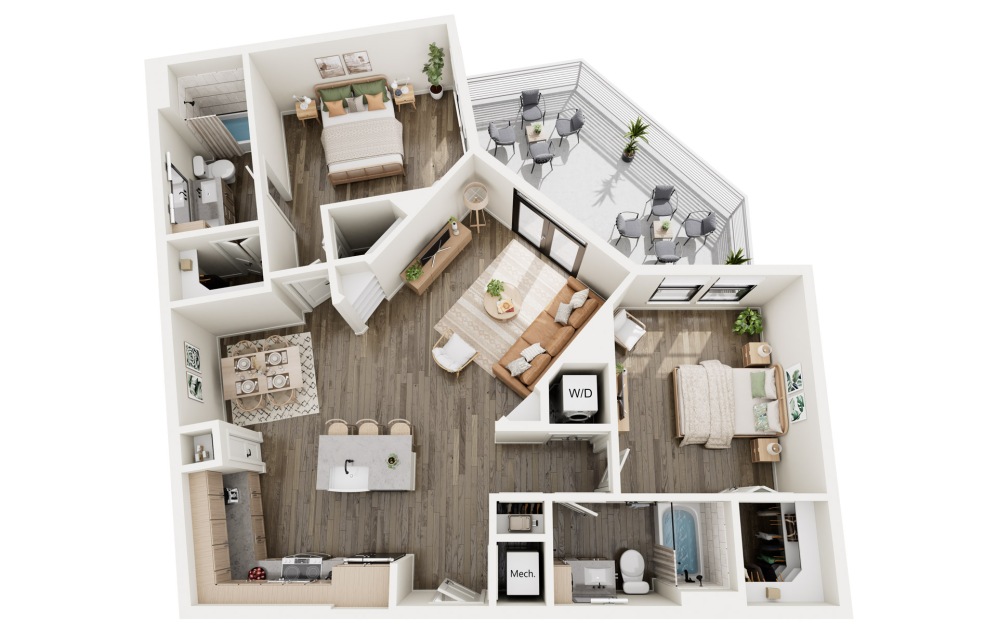 B4 - 2 bedroom floorplan layout with 2 bathrooms and 1153 square feet