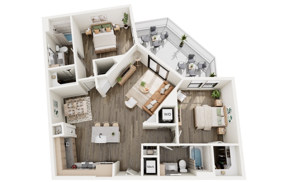 B4 - 2 bedroom floorplan layout with 2 baths and 1153 square feet.