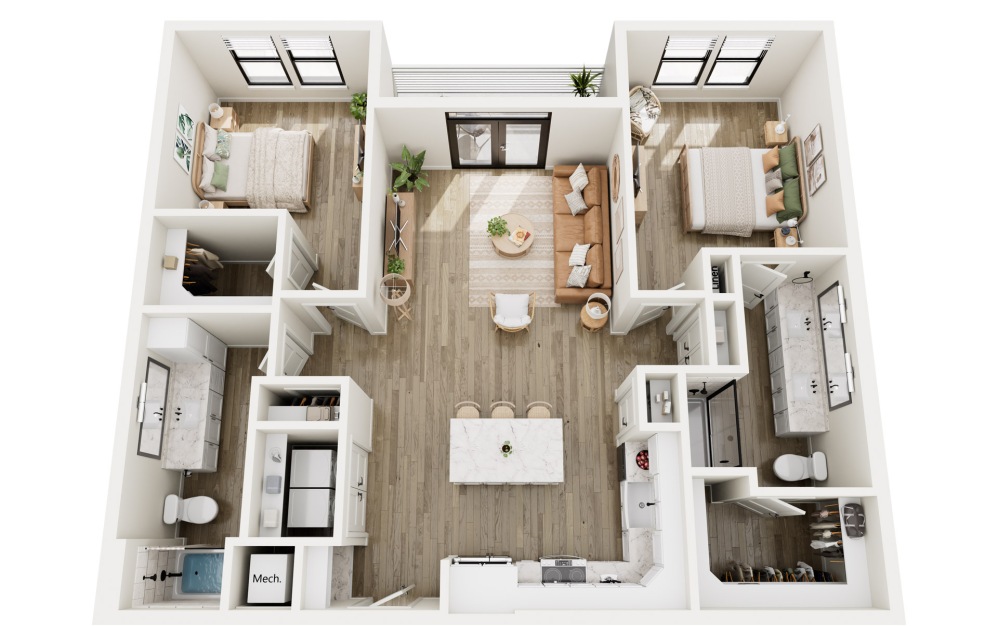 B5 - 2 bedroom floorplan layout with 2 bathrooms and 1186 square feet