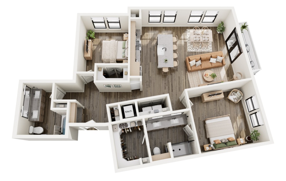 B6 - 2 bedroom floorplan layout with 2 baths and 1222 square feet.