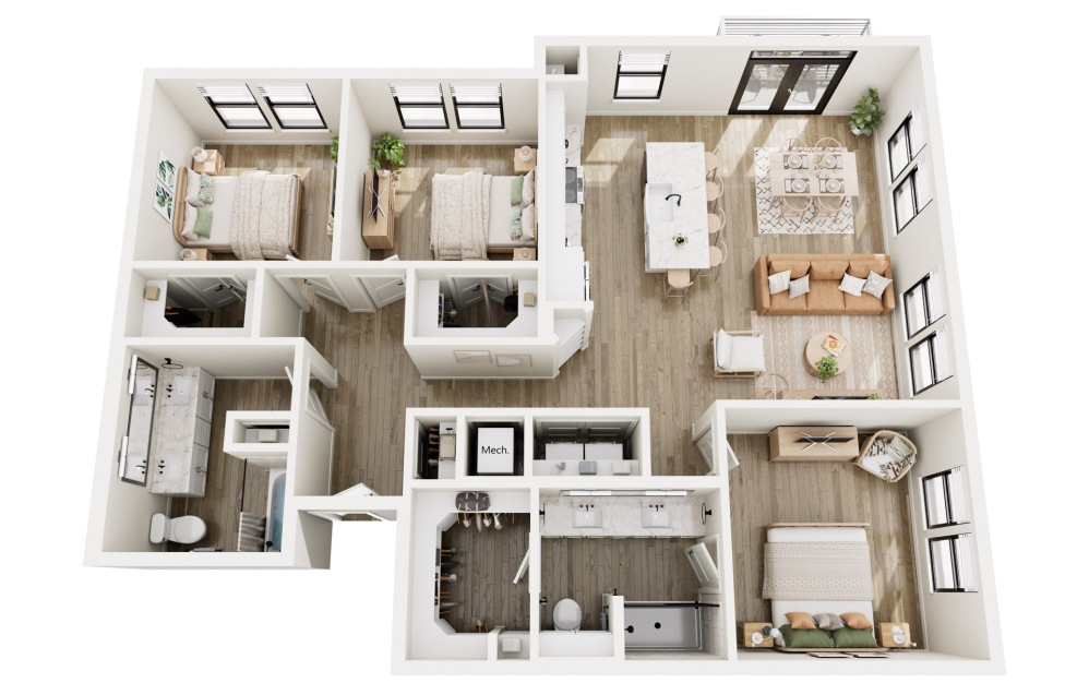 C1 - 3 bedroom floorplan layout with 2 bathrooms and 1362 square feet